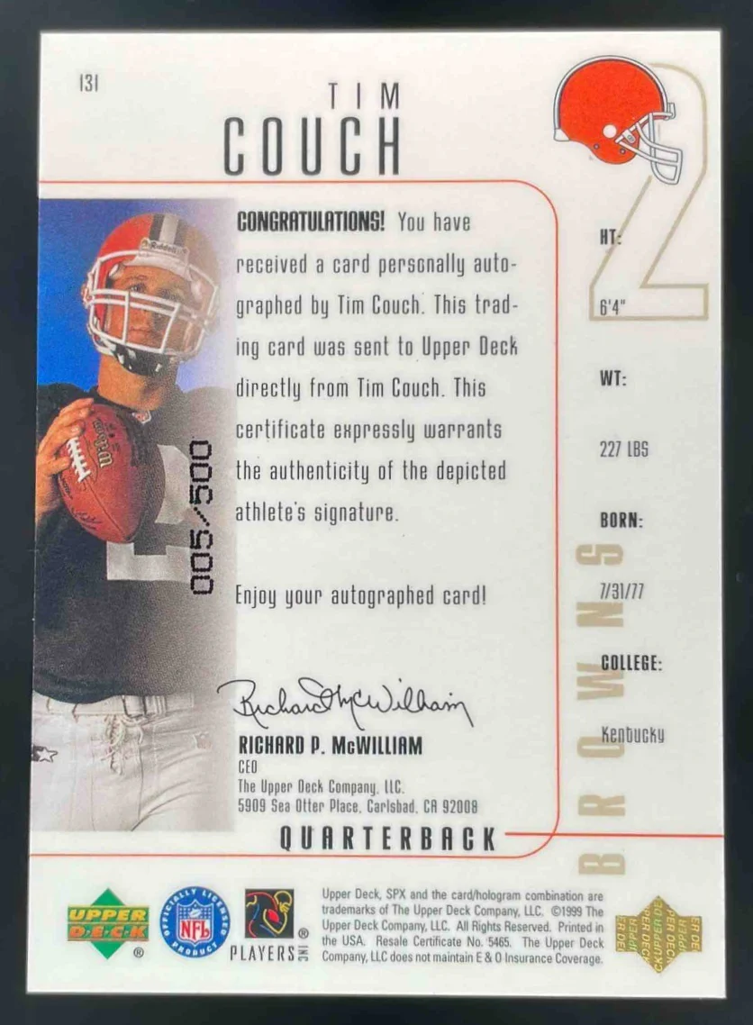 1999 SPx #131 Tim Couch Autograph RC Auto /500 - Image 2