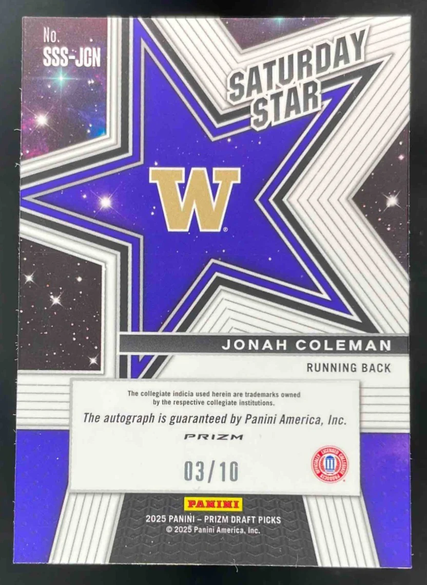 2025 Prizm Draft Picks Saturday Star Signatures Gold #35 Jonah Coleman Auto /10 - Image 2