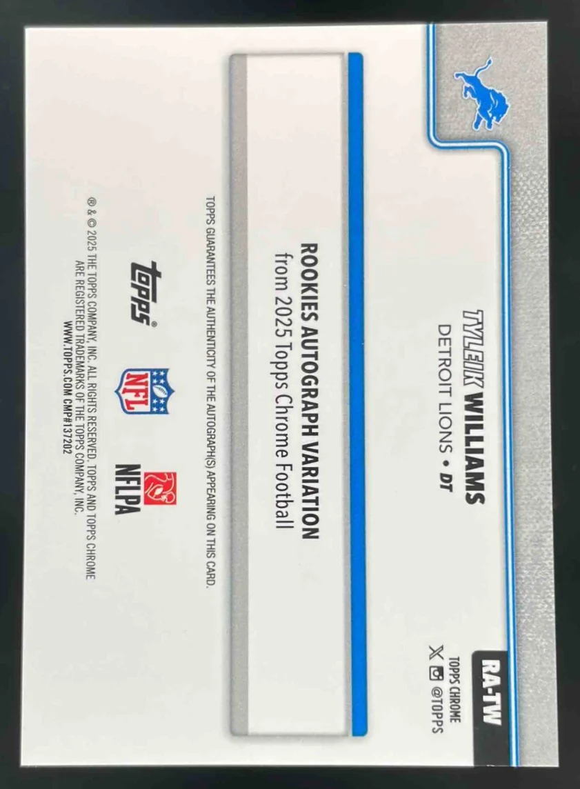 2025 Topps Chrome Rookie Purple Geometric #RA-TW Tyleik Williams RC Auto /75 - Image 2