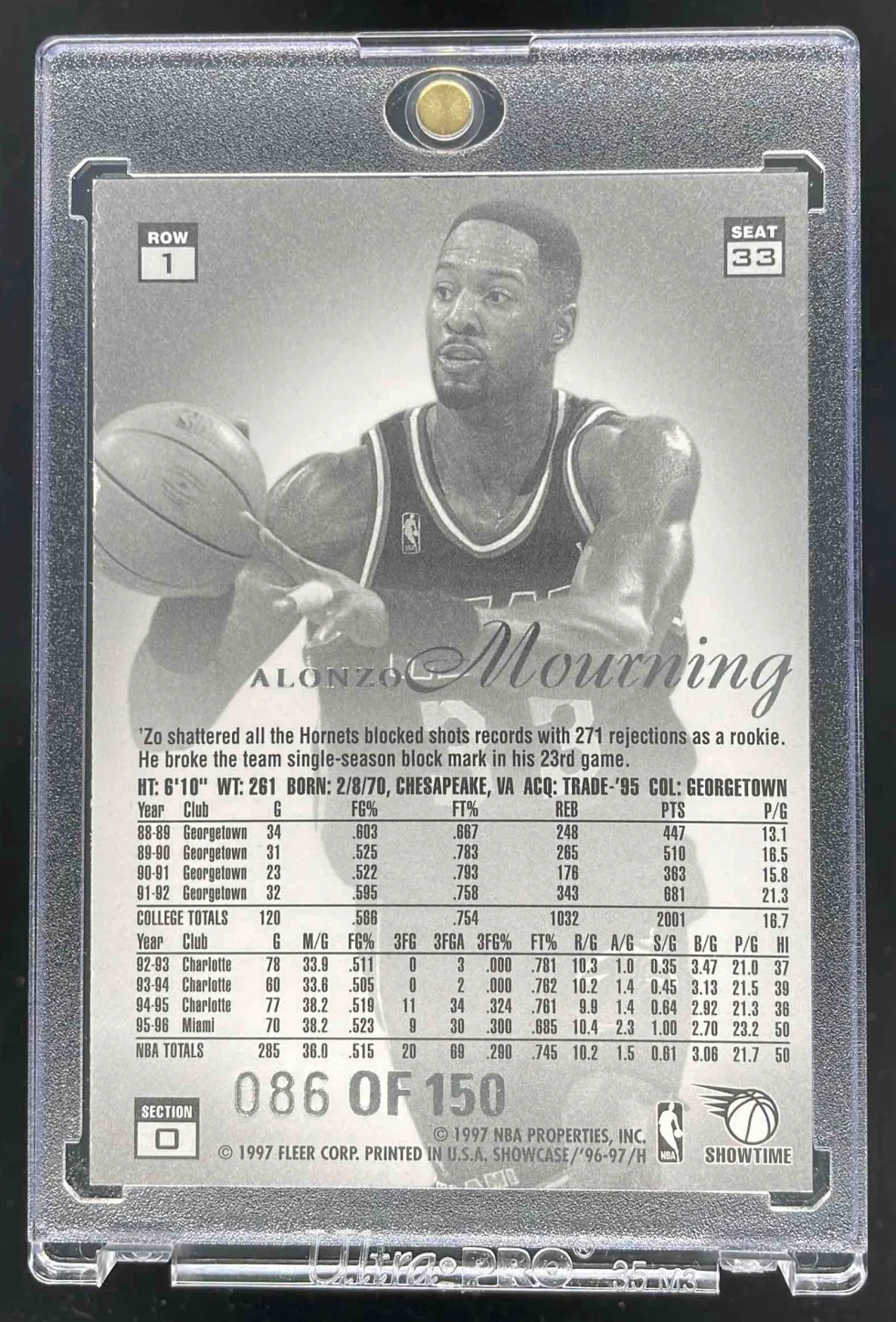 1996 Fleer Flair Showcase Legacy Collection Row 1 Grace #33 Alonzo Mourning /150 - Image 2