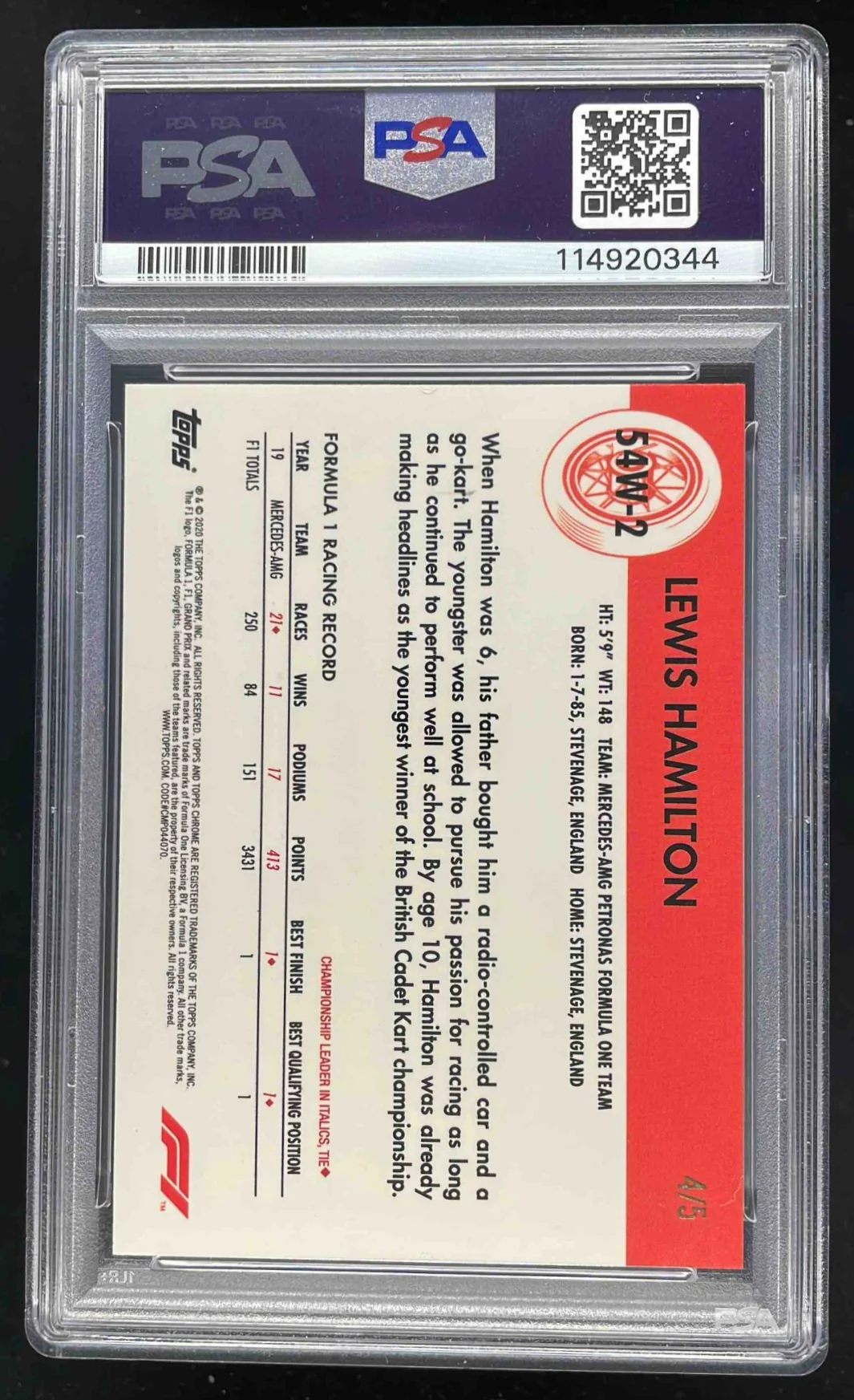 2020 Topps Chrome Formula 1 1954 World on Wheels Red #2 Lewis Hamilton /5 PSA 7 - Image 2