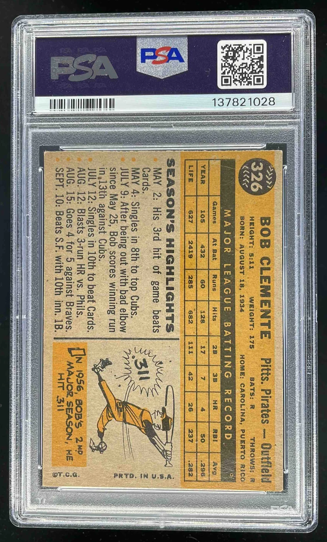 1960 Topps #326 Bob Clemente PSA 4 - Image 2