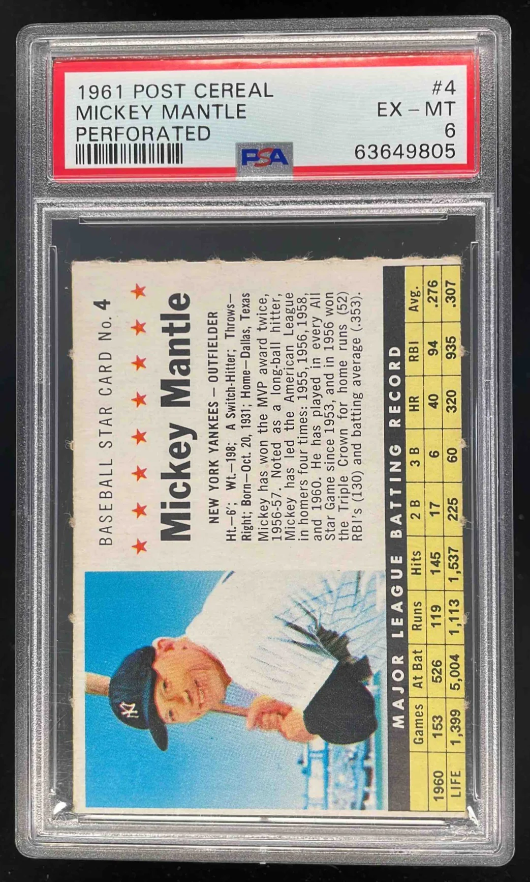 1961 Post Cereal Perforated #4 Mickey Mantle PSA 6
