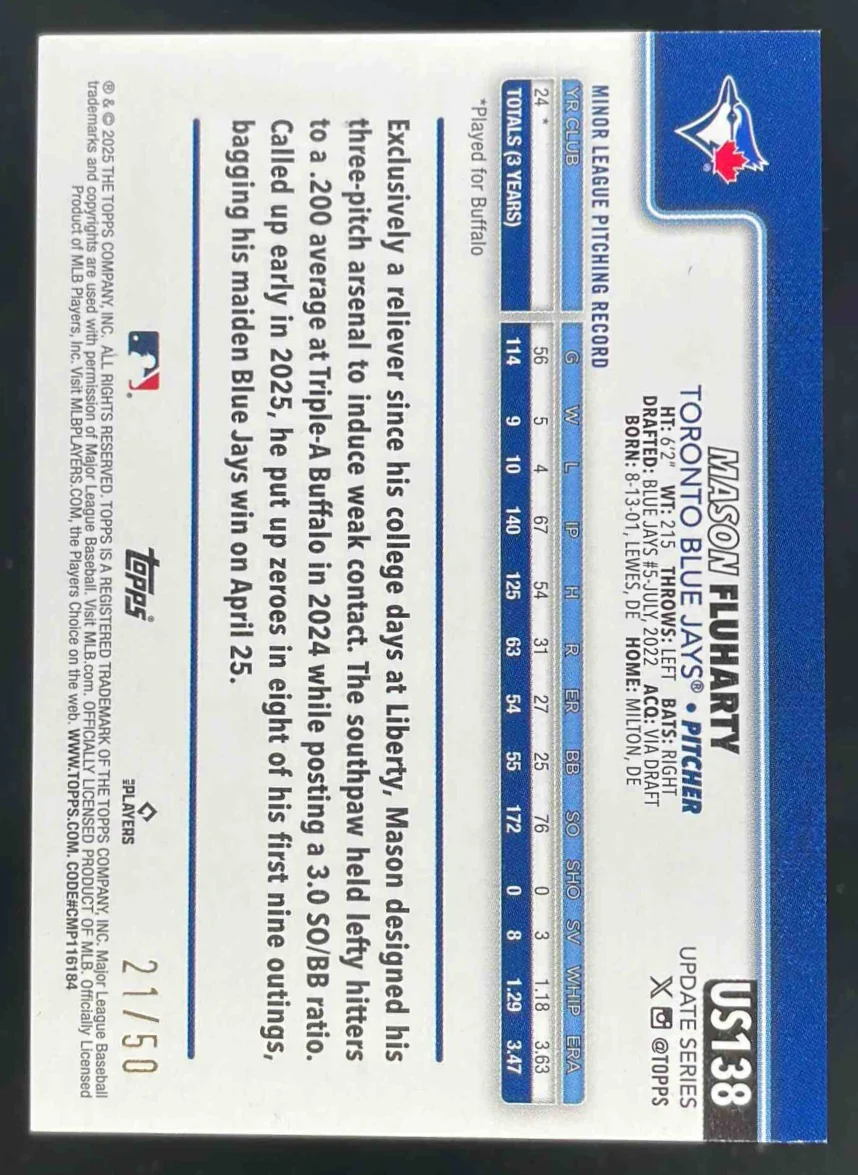 2025 Topps Update Gold Rainbow Foil #US138 Mason Fluharty RC /50 - Image 2