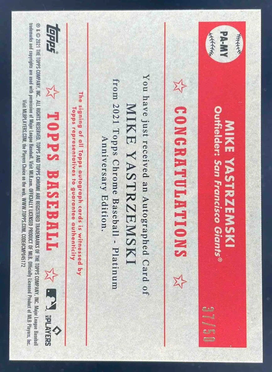 2021 Topps Chrome Platinum Anniversary Gold #PA-MY Mike Yastrzemski Auto /50 - Image 2