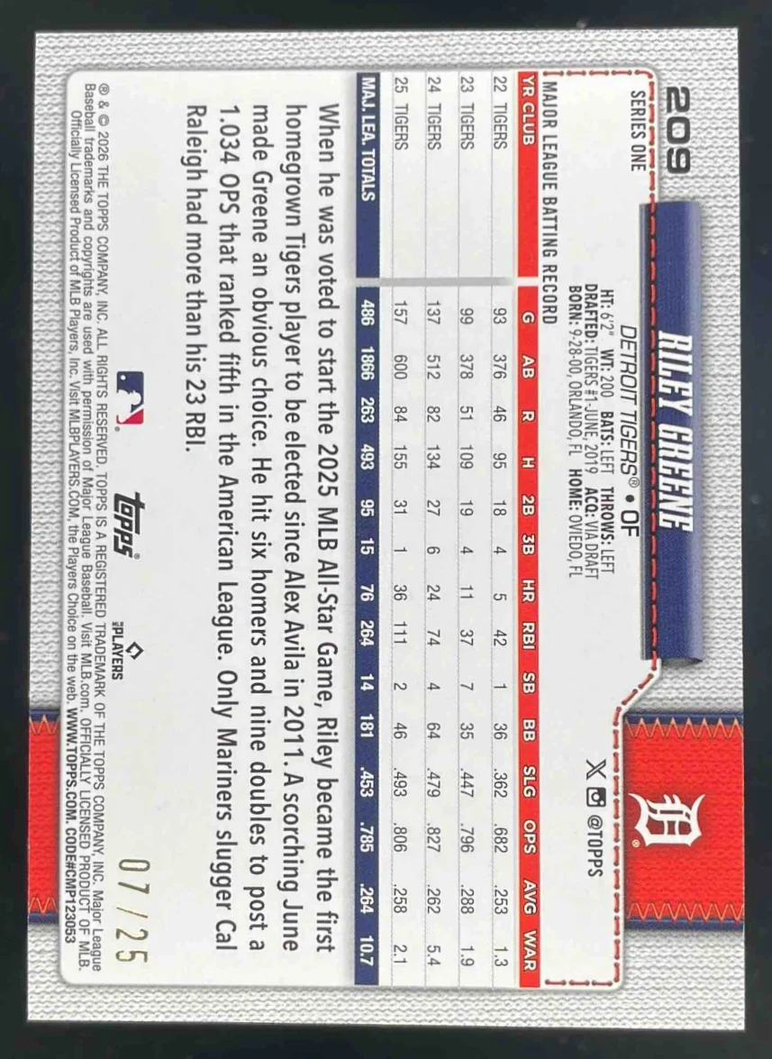 2026 Topps Orange Sandglitter #209 Riley Greene /25 - Image 2
