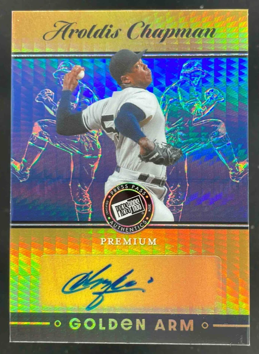 2024 Leaf Press Pass Premium Golden Arm Prism Blue #AC1 Aroldis Chapman Auto /10