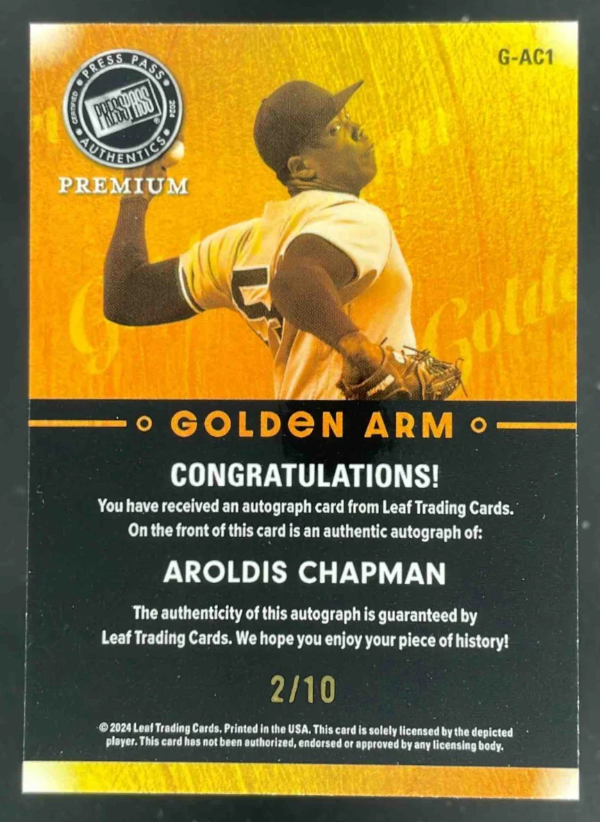 2024 Leaf Press Pass Premium Golden Arm Prism Blue #AC1 Aroldis Chapman Auto /10 - Image 2