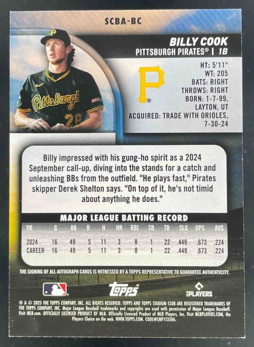 2025 Topps Stadium Club Autograph Yellow Foil #SCBA-BC Billy Cook Auto - Image 2