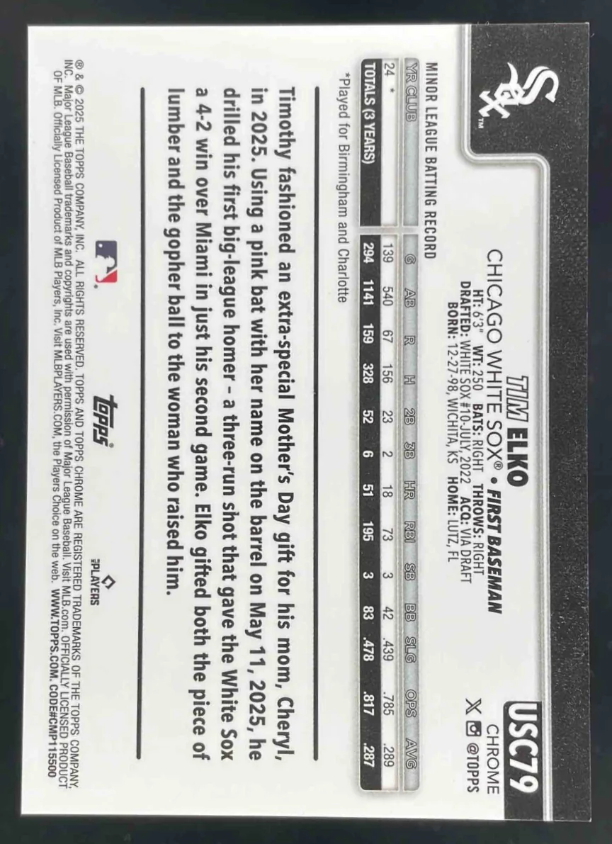 2025 Topps Chrome Update Sapphire Black Refractor #USC79 Tim Elko RC /10 - Image 2