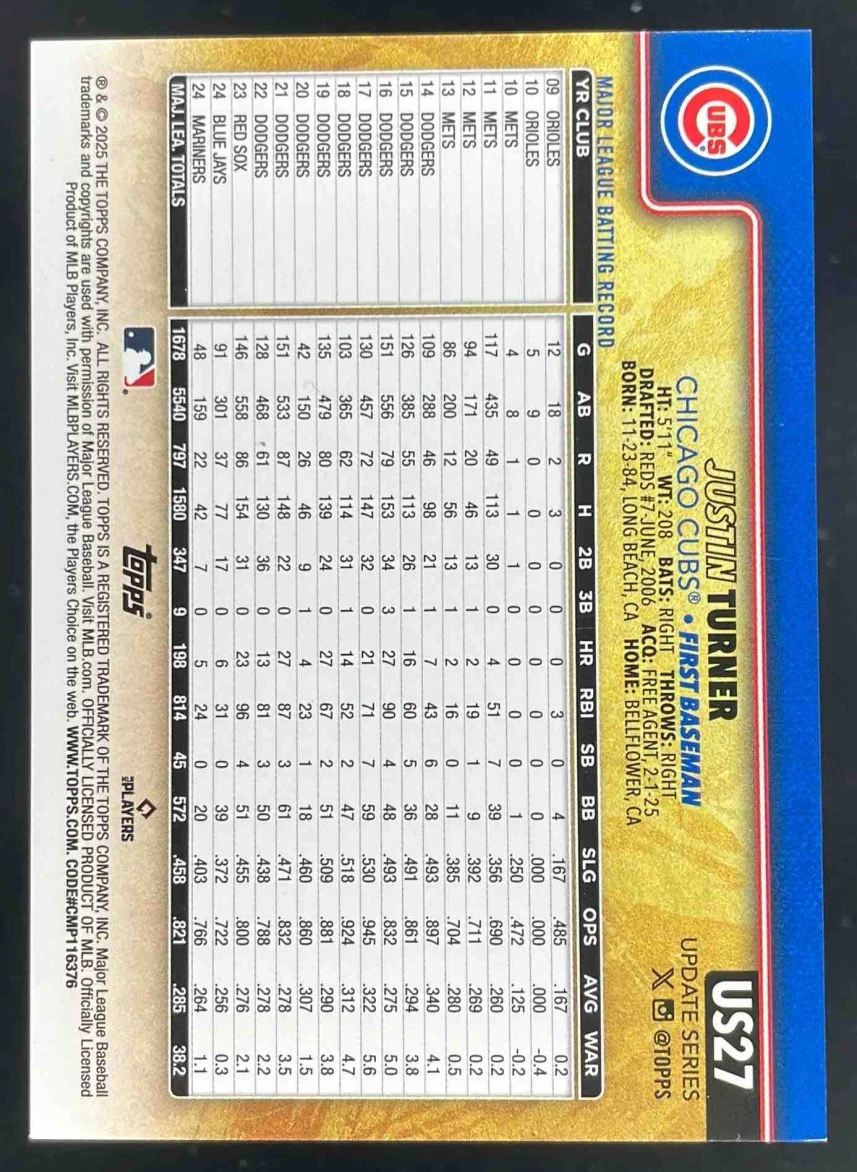 2025 Topps Update Golden Mirror Image Variation #US27 Justin Turner - Image 2