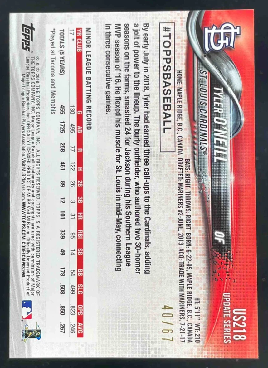 2018 Topps Update Black #US218 Tyler O'Neill RC /67 - Image 2