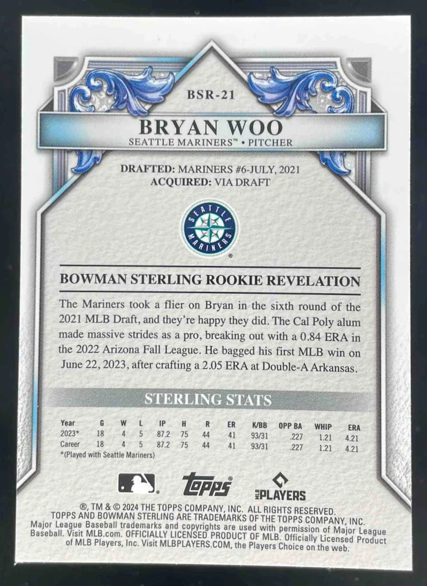2024 Bowman Sterling Rookies Blue Refractor #BSR-21 Bryan Woo RC /25 - Image 2