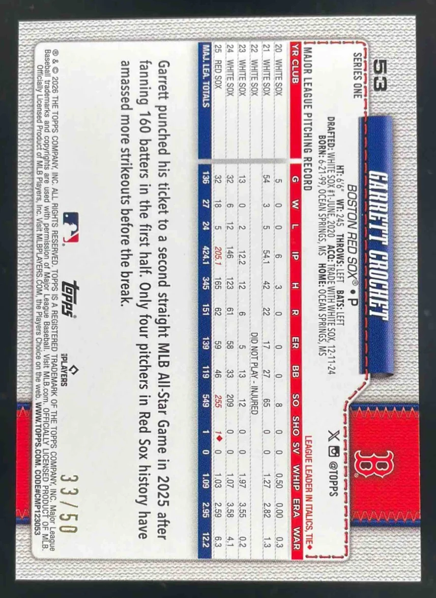 2026 Topps Gold Diamante Foil #53 Garrett Crochet /50 - Image 2