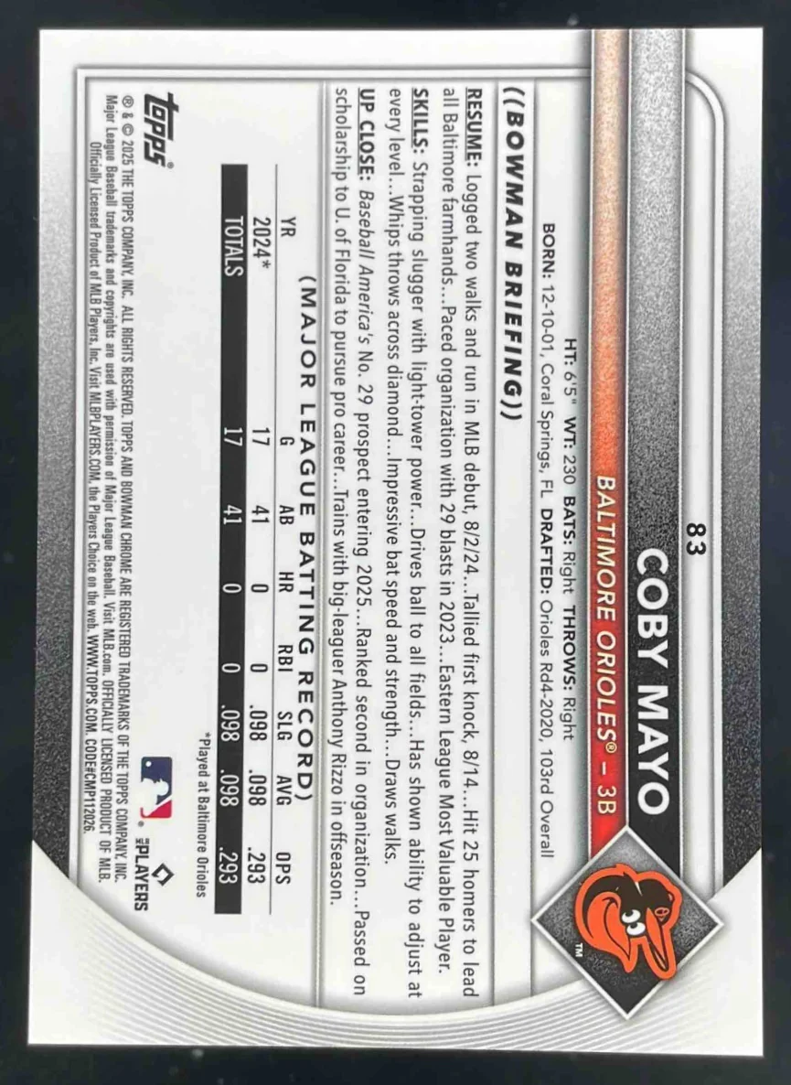 2025 Bowman Chrome Sapphire Orange Refractor #83 Coby Mayo RC /25 - Image 2