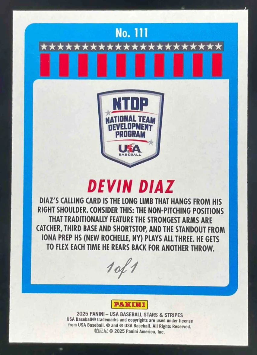 2025 Panini USA Stars & Stripes Black Lightning #111 Devin Diaz 1/1 - Image 2