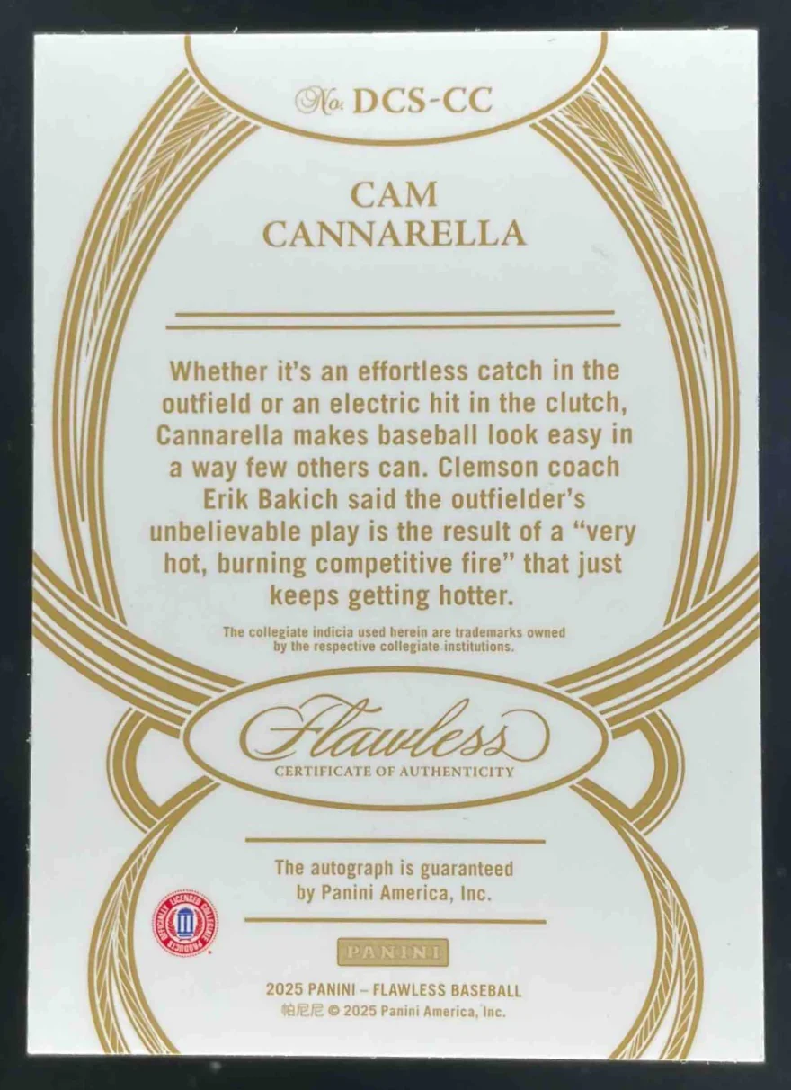 2025 Panini Flawless 2025 Draft Class Signatures Gold #5 Cam Cannarella Auto /10 - Image 2