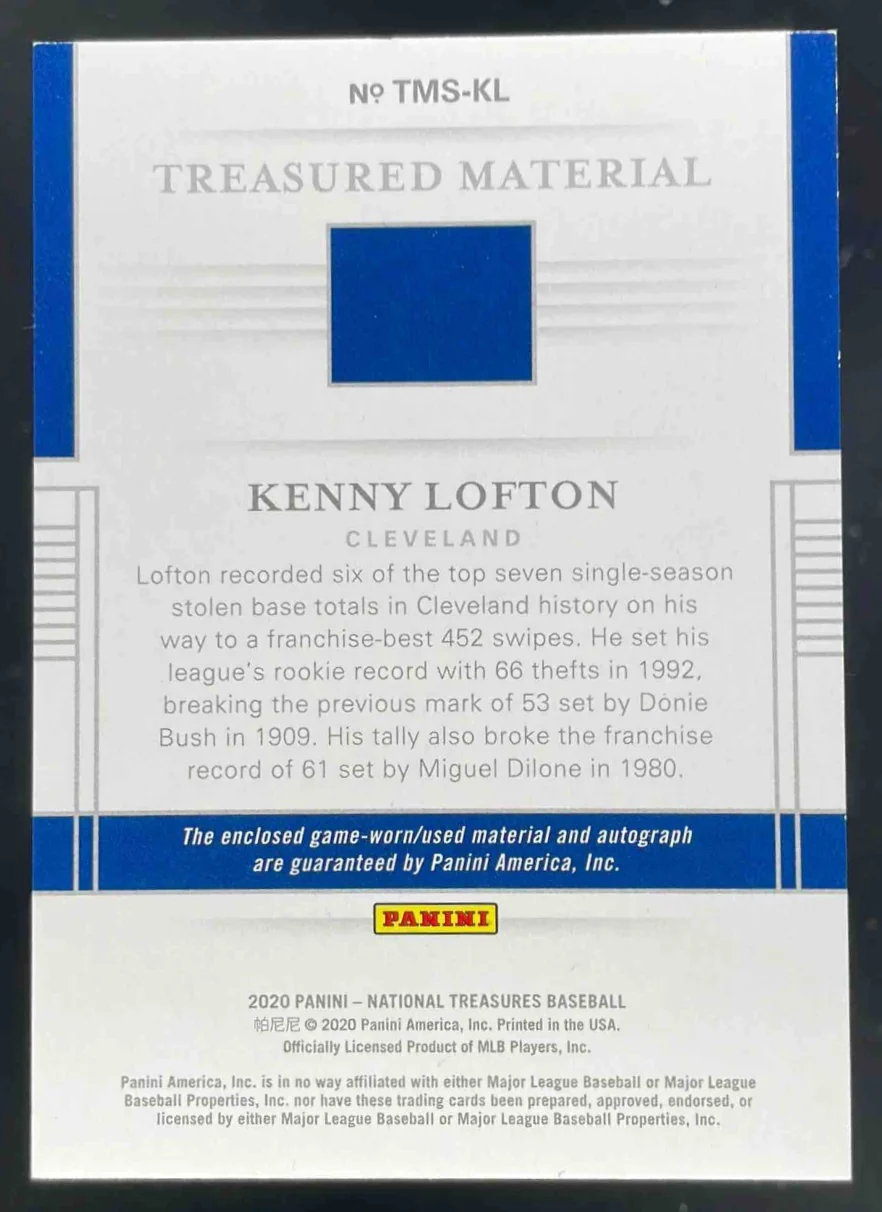 2020 National Treasures Treasured Material #TMS-KL Kenny Lofton Auto /22 - Image 2