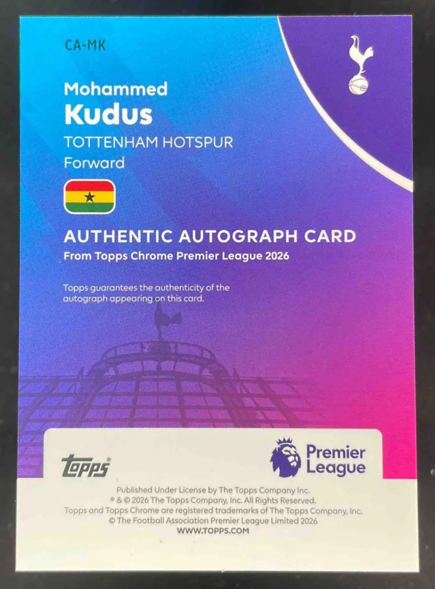 2026 Topps Chrome Premier League Chrome Aqua #CA-MK Mohammed Kudus Auto /199 - Image 2