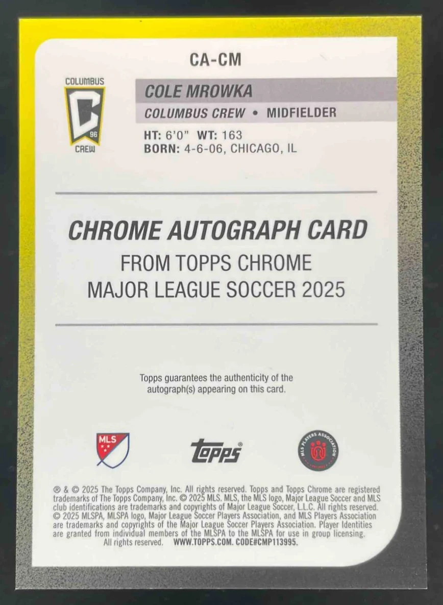 2025 Topps Chrome MLS Chrome Orange Wave #CA-CM Cole Mrowka Auto /25 - Image 2