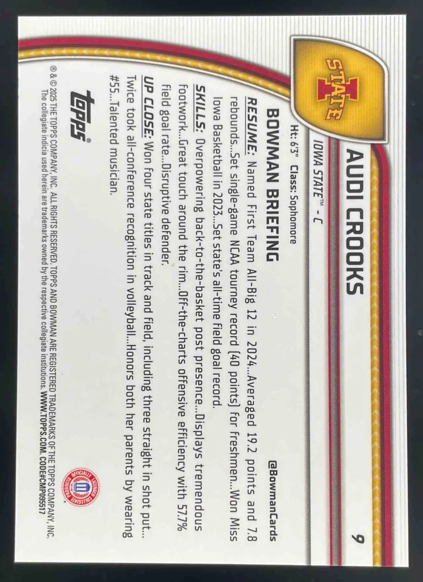 2024-25 Bowman University Chrome Sapphire Gold Refractor #9 Audi Crooks /50 - Image 2
