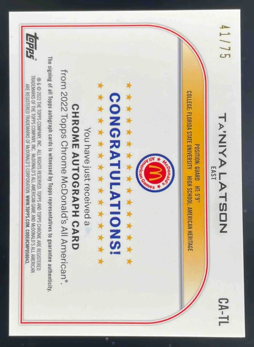 2022 Topps Chrome McDonald's All American Yellow #CA-TL Ta Niya Latson Auto /75 - Image 2