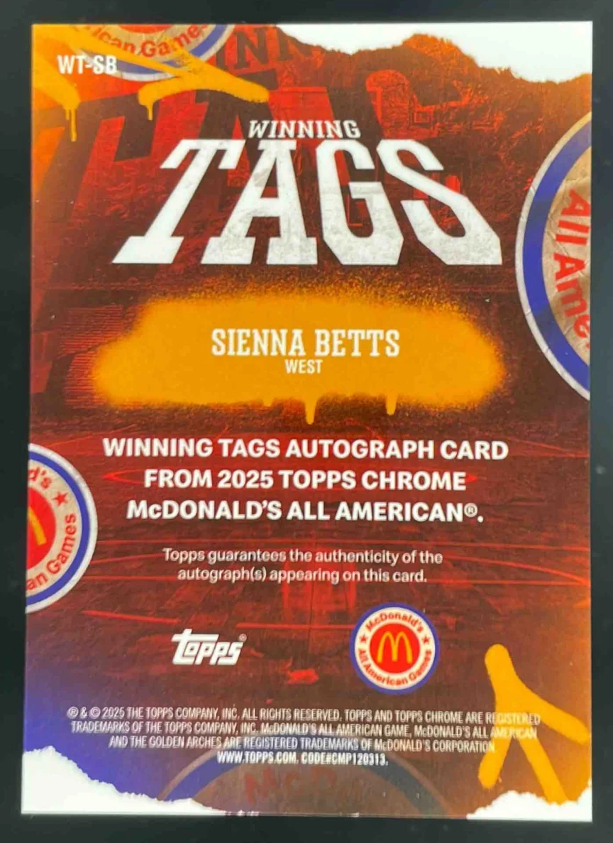 2025 Topps Chrome McDonald's All-American Winning Tags #WT-SB Sienna Betts Auto - Image 2