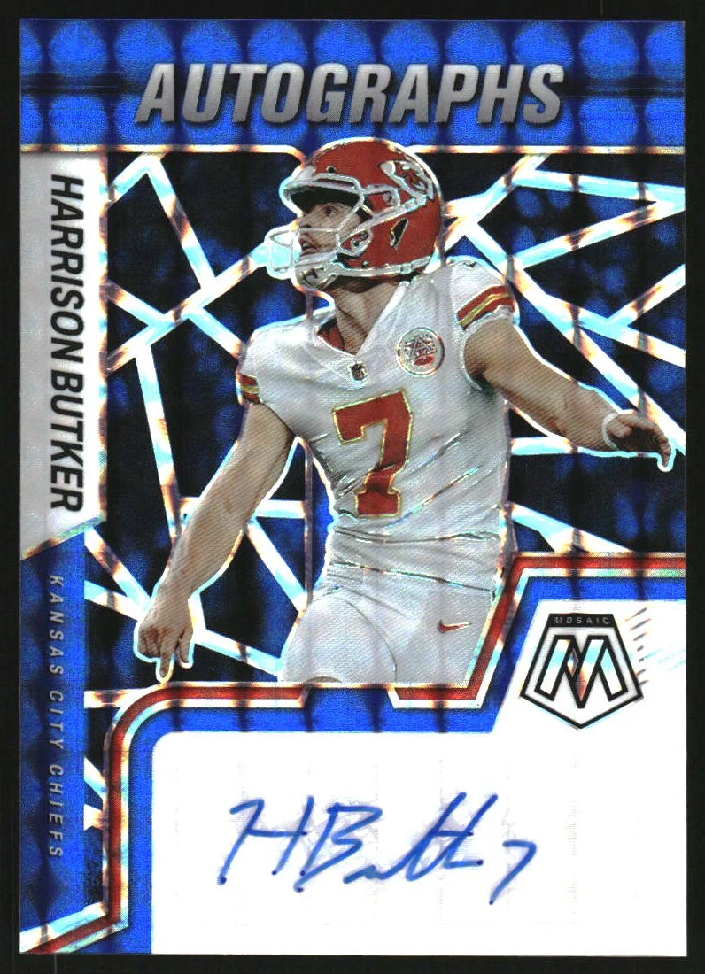 2022 Panini Mosaic Autographs Mosaic Blue Harrison Butker Auto /99