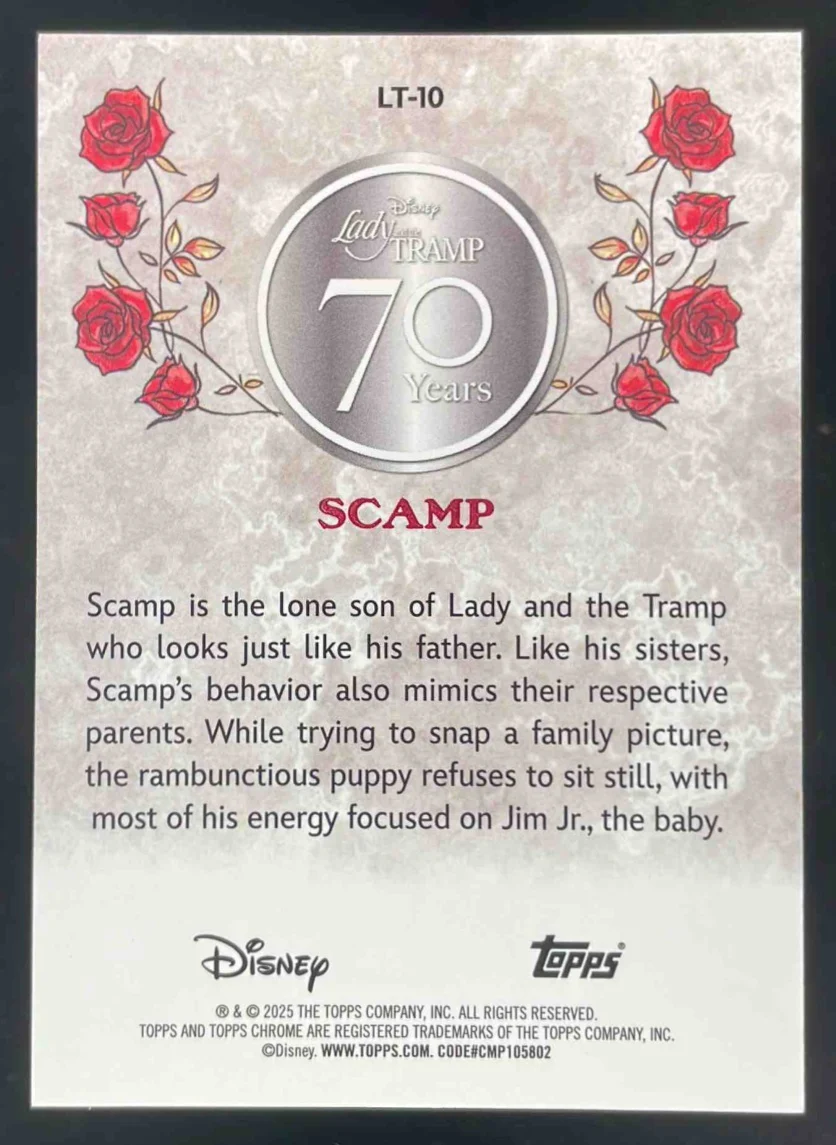 2025 Topps Chrome Disney Lady and the Tramp Orange Spaghetti #LT-10 Scamp /25 - Image 2