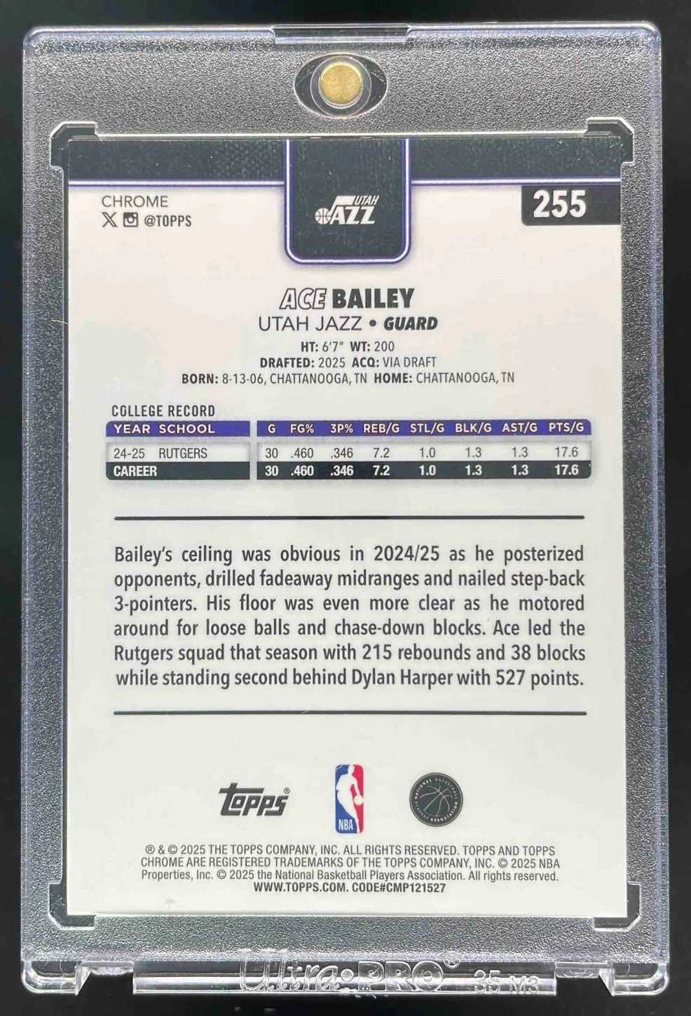 2025-26 Topps Chrome RayWave Purple Refractor #255 Ace Bailey RC /75 - Image 2