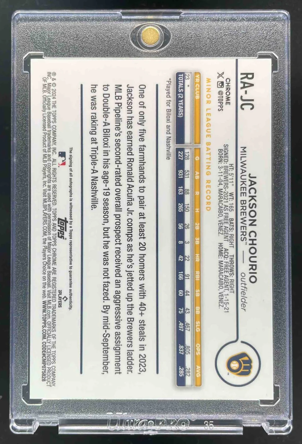 2024 Topps Chrome Rookie Gold #RA-JC Jackson Chourio RC Auto /50 - Image 2