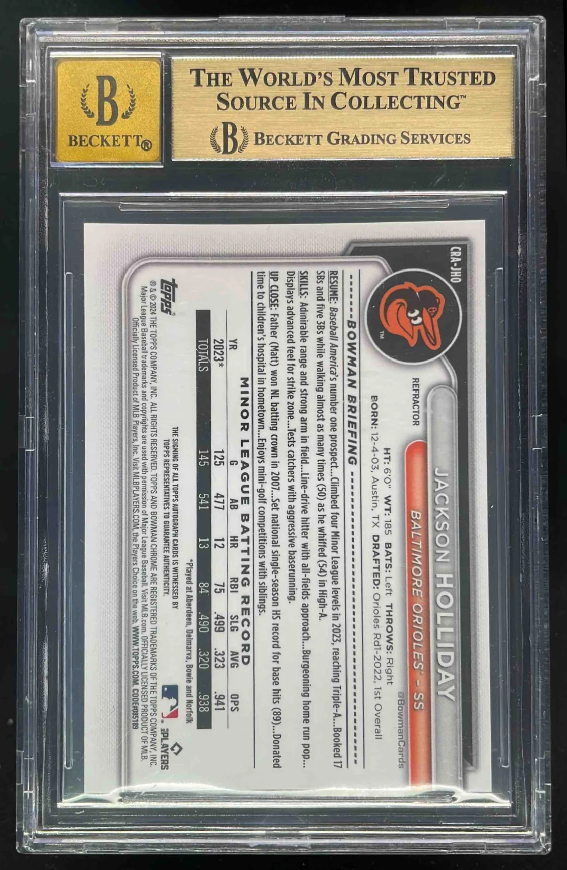 2024 Bowman Chrome Rookie #CRA-JHO Jackson Holliday RC Auto /499 BGS 9.5 - Image 2
