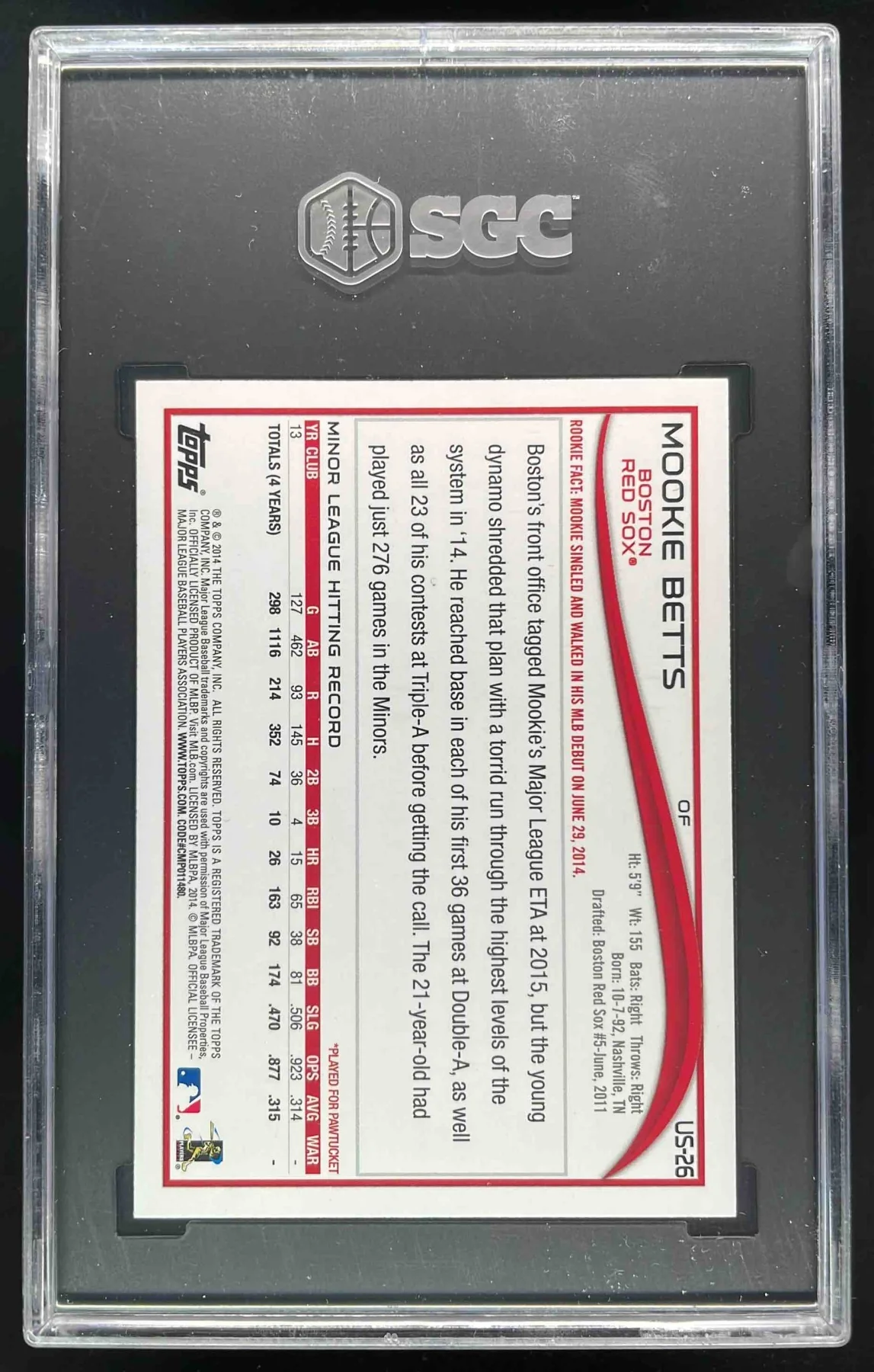 2014 Topps Update Red Foil #US-26 Mookie Betts RC SGC 10 - Image 2