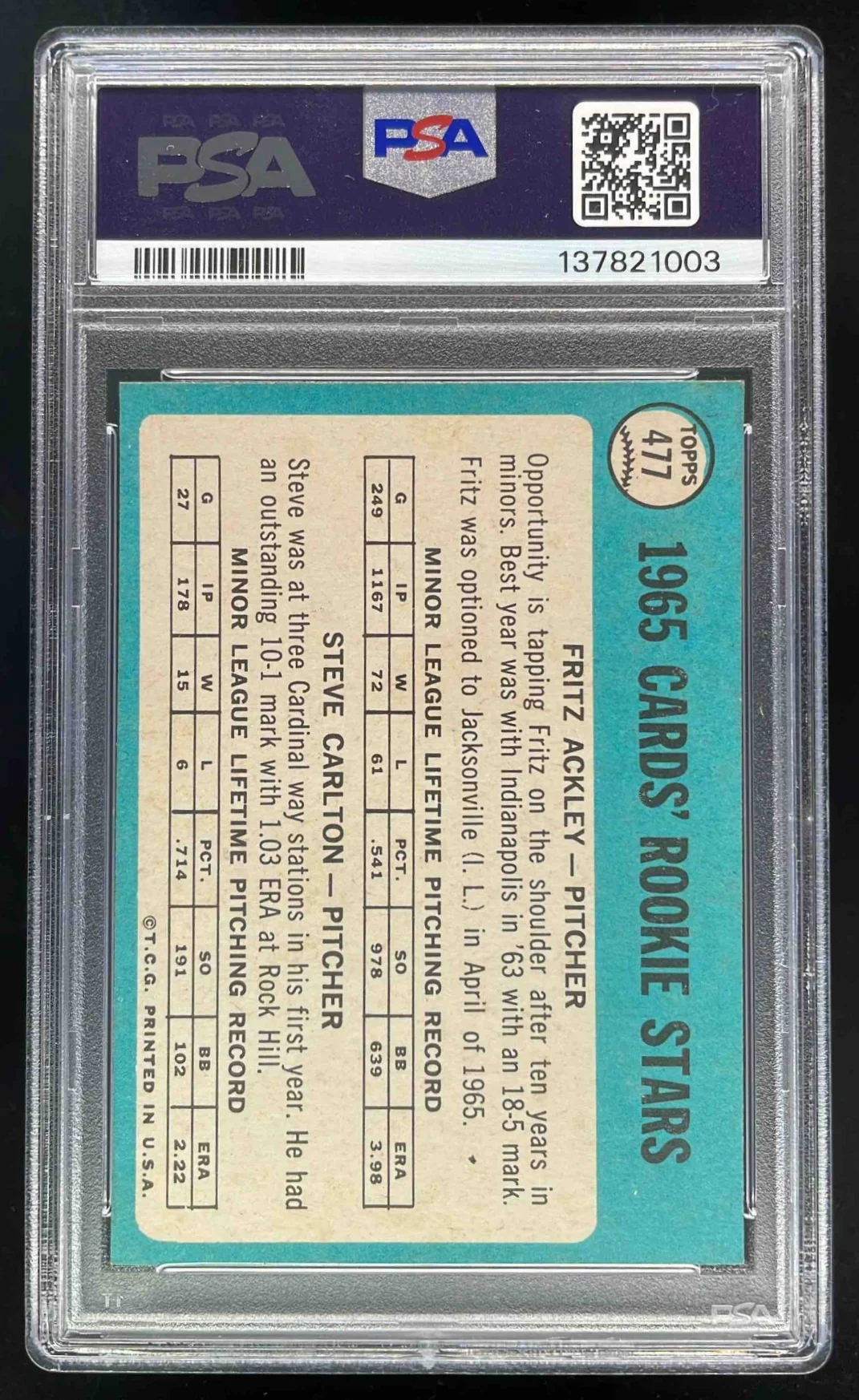 1965 Topps #477 Cards 1965 Rookie Stars Fritz Ackley Steve Carlton RS, RC PSA 6 - Image 2
