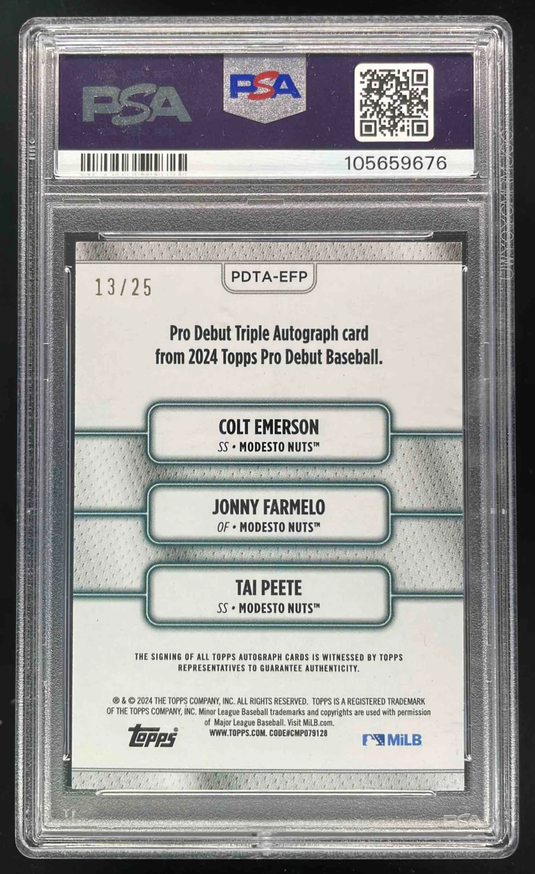 2024 Topps Pro Debut Triple Tai Peete Jonny Farmelo Colt Emerson Auto /25 PSA 9 - Image 2