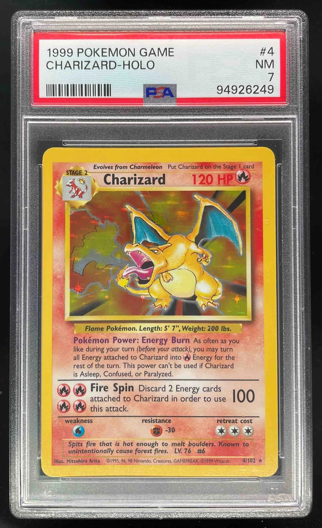 1999 Pokemon Unlimited Set #4/102 Charizard Rare Holo PSA 7