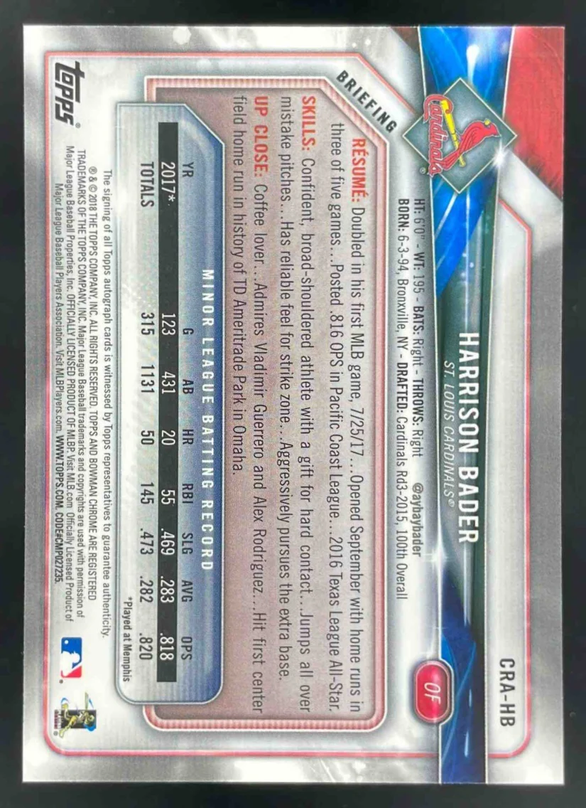 2018 Bowman Chrome Rookie Autographs #CRA-HB Harrison Bader RC Auto - Image 2