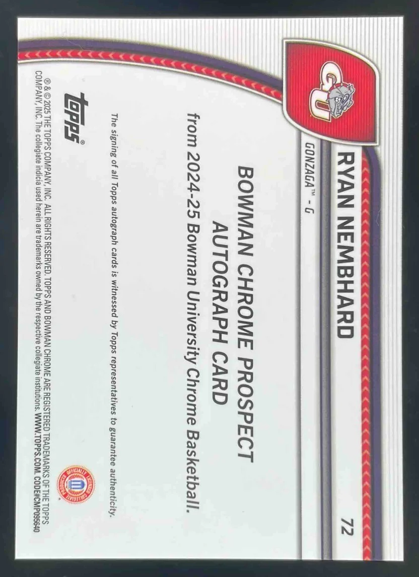 2024 Bowman University Chrome Black and Gold Stealth #72 Ryan Nembhard Auto /24 - Image 2