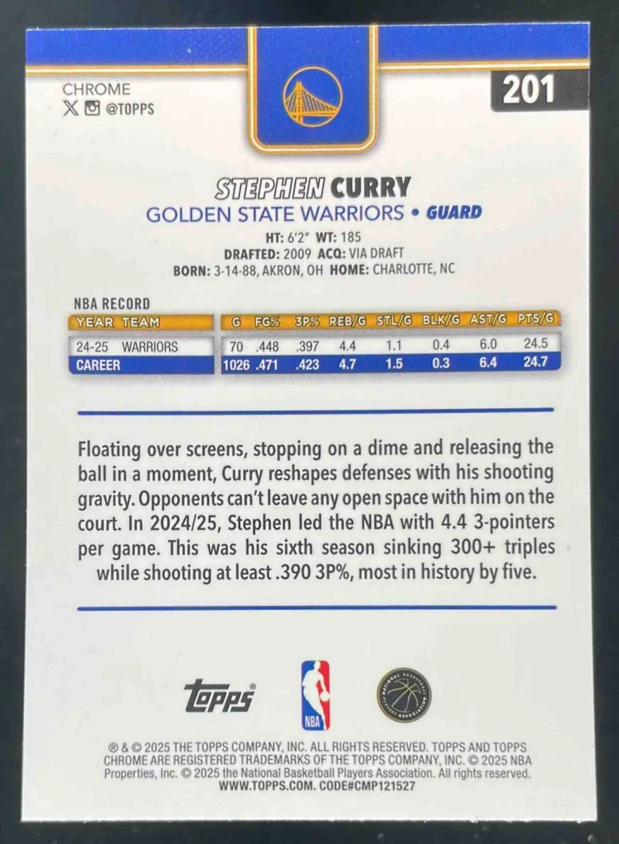 2025-26 Topps Chrome X-Fractor #201 Stephen Curry - Image 2