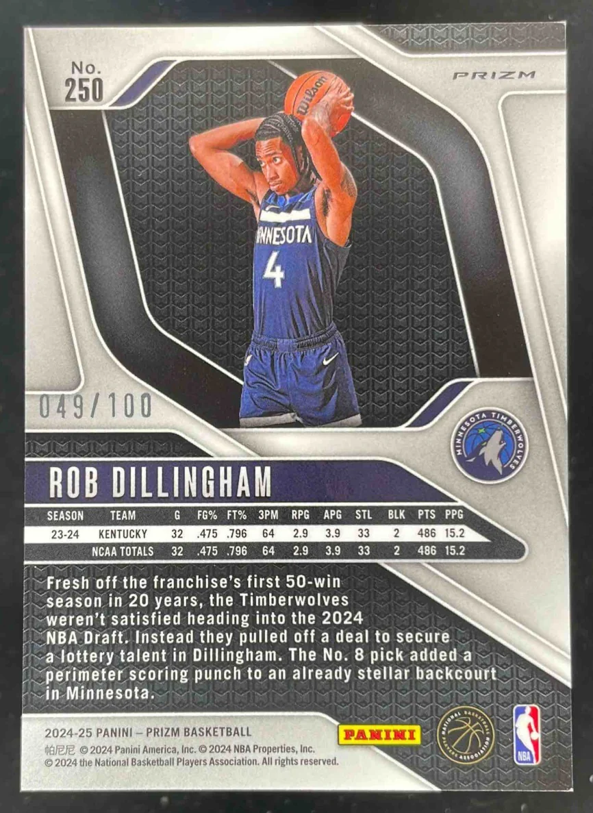 2024-25 Panini Prizm Fast Break Red Prizm #250 Rob Dillingham RC /100 - Image 2