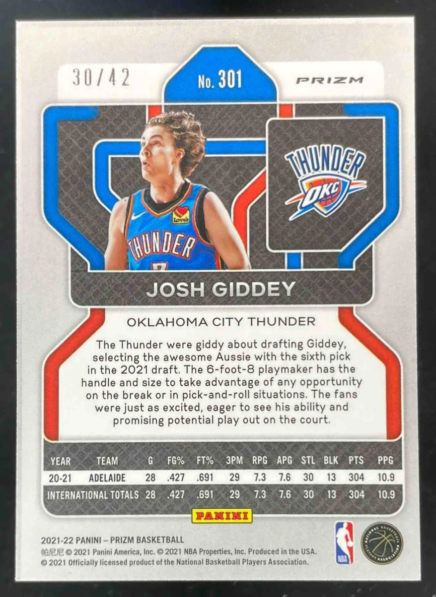 2021-22 Panini Prizm Pink Pulsar Prizm #301 Josh Giddey RC /42 - Image 2