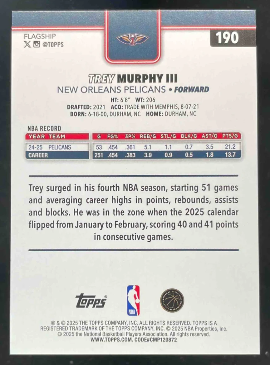 2025-26 Topps Diamante Orange #190 Trey Murphy III /25 - Image 2