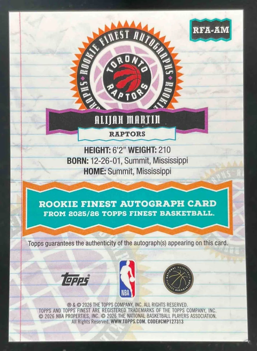 2025-26 Topps Finest Rookie Finest Orange #RFA-AM Alijah Martin RC Auto /25 - Image 2