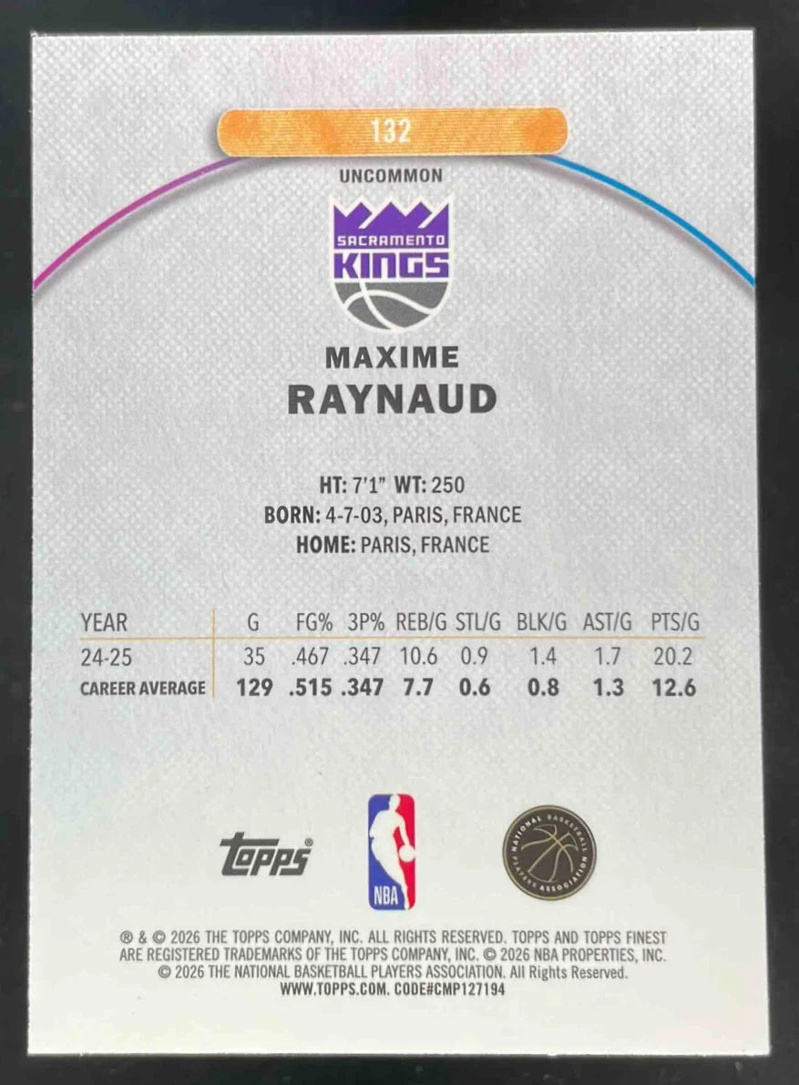 2025-26 Topps Finest Uncommon Purple Refractor #132 Maxime Raynaud RC /200 - Image 2