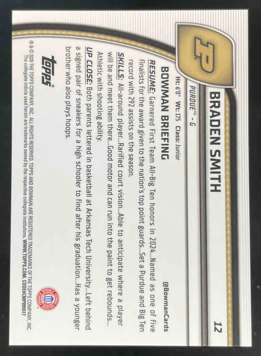 2024-25 Bowman University Chrome Sapphire Gold Refractor #12 Braden Smith /50 - Image 2