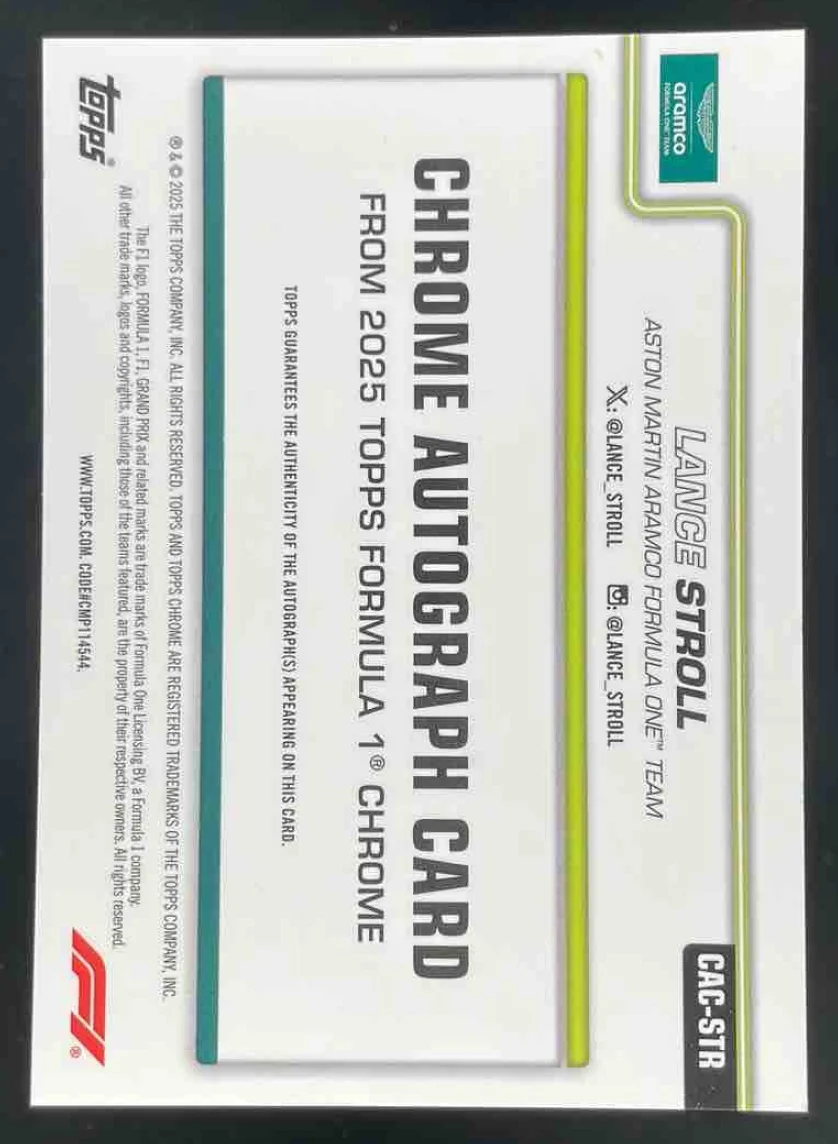 2025 Topps Chrome Formula 1 Chrome Green Refractor #CACSTR Lance Stroll Auto /99 - Image 2