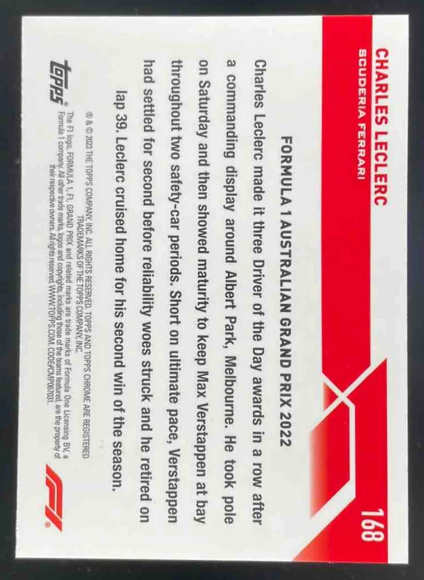 2023 Topps Chrome Sapphire Formula 1 Gold Sapphire #168 Charles Leclerc /50 - Image 2