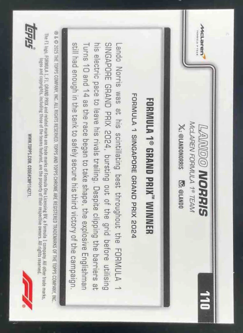2025 Topps Chrome Formula 1 F1 75th Anniversary #110 Lando Norris /75 - Image 2
