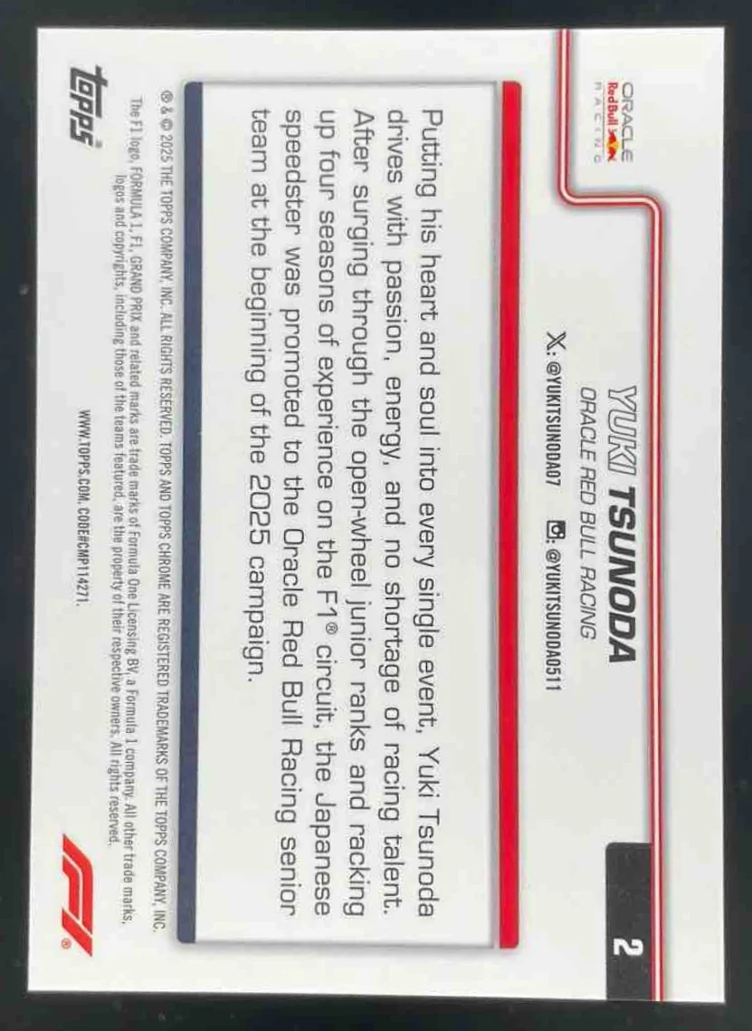 2025 Topps Chrome Formula 1 Gold Checker Flag #2 Yuki Tsunoda F1 Driver /50 - Image 2