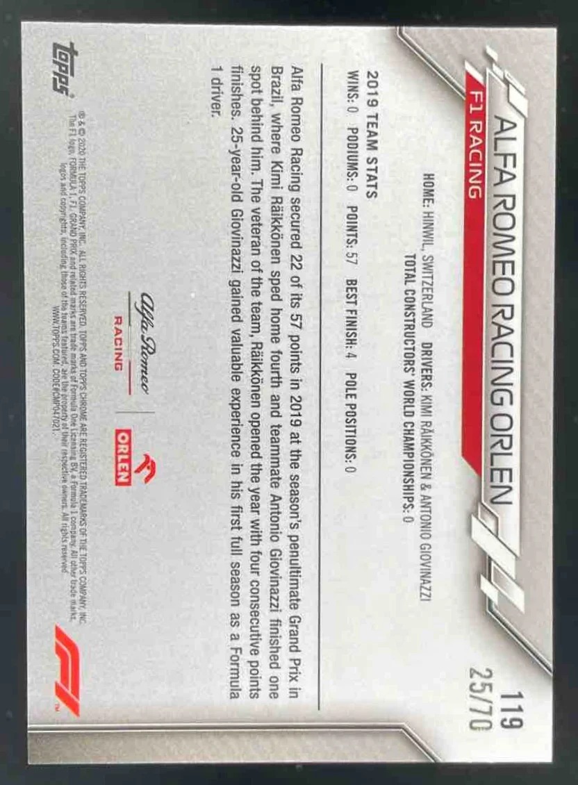 2020 Topps Chrome Sapphire Formula 1 70th Anniversary #119 Alfa Romeo Orlen /70 - Image 2